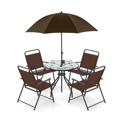 6 Pieces Patio Dining Set Folding Chairs Glass Table Tilt Umbrella for Garden-Coffee