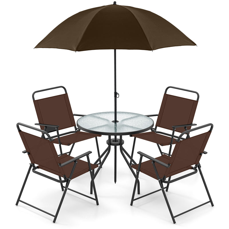 6 Pieces Patio Dining Set Folding Chairs Glass Table Tilt Umbrella for Garden-Coffee