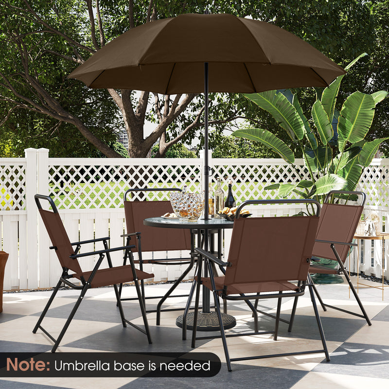 6 Pieces Patio Dining Set Folding Chairs Glass Table Tilt Umbrella for Garden-Coffee