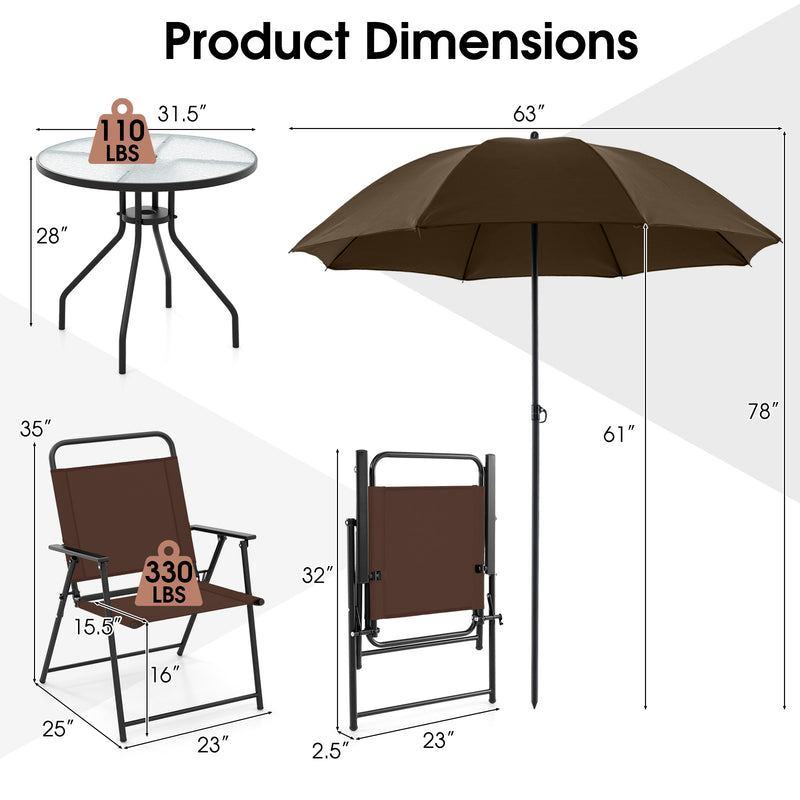 6 Pieces Patio Dining Set Folding Chairs Glass Table Tilt Umbrella for Garden-Coffee