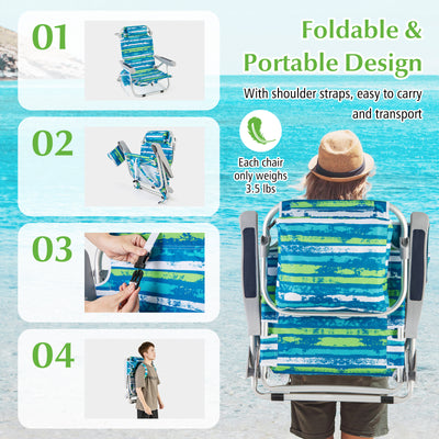 1 Piece Foldable Backpack Beach Chair with Cup Holder and Storage Pockets for Outdoor-Blue and Green