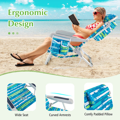 1 Piece Foldable Backpack Beach Chair with Cup Holder and Storage Pockets for Outdoor-Blue and Green