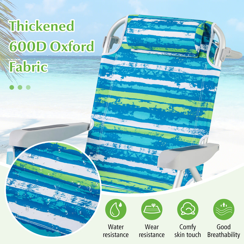 1 Piece Foldable Backpack Beach Chair with Cup Holder and Storage Pockets for Outdoor-Blue and Green