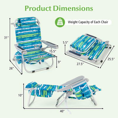 1 Piece Foldable Backpack Beach Chair with Cup Holder and Storage Pockets for Outdoor-Blue and Green