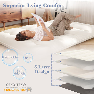 Queen/King/Twin/Full Futon Mattress Floor Sleeping Pad with Washable Cover Beige-Queen Size