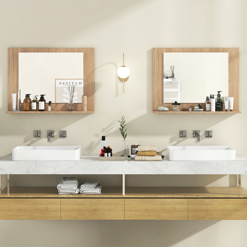 Rectangle Bathroom Mirror with Shelf 23.5 x 17.5 Inch and Wood Frame-Brown