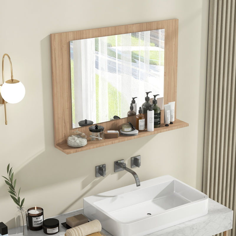 Rectangle Bathroom Mirror with Shelf 23.5 x 17.5 Inch and Wood Frame-Brown