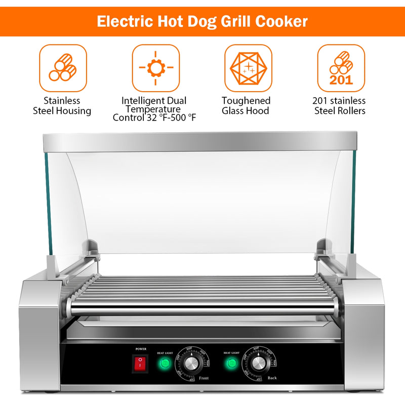 Stainless Steel Commercial 11 Roller Grill and 30 Hot Dog Cooker Machine