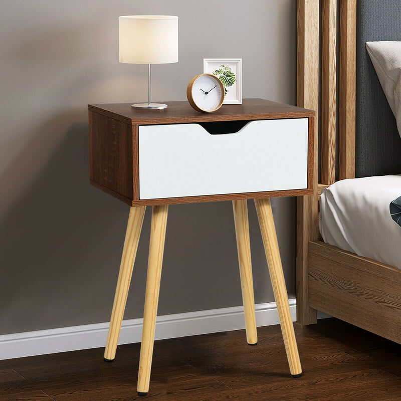 End Side Storage Drawer Nightstand with Solid Wooden Leg