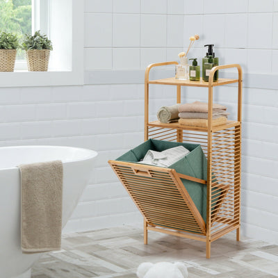 Tilt-out Bamboo Laundry Hamper  with 2-Tier Shelf and Removable Liner-Natural