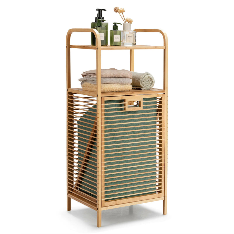 Tilt-out Bamboo Laundry Hamper  with 2-Tier Shelf and Removable Liner-Natural