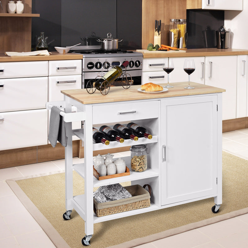 Kitchen Island Cart Rolling Serving Cart Wood Trolley-White