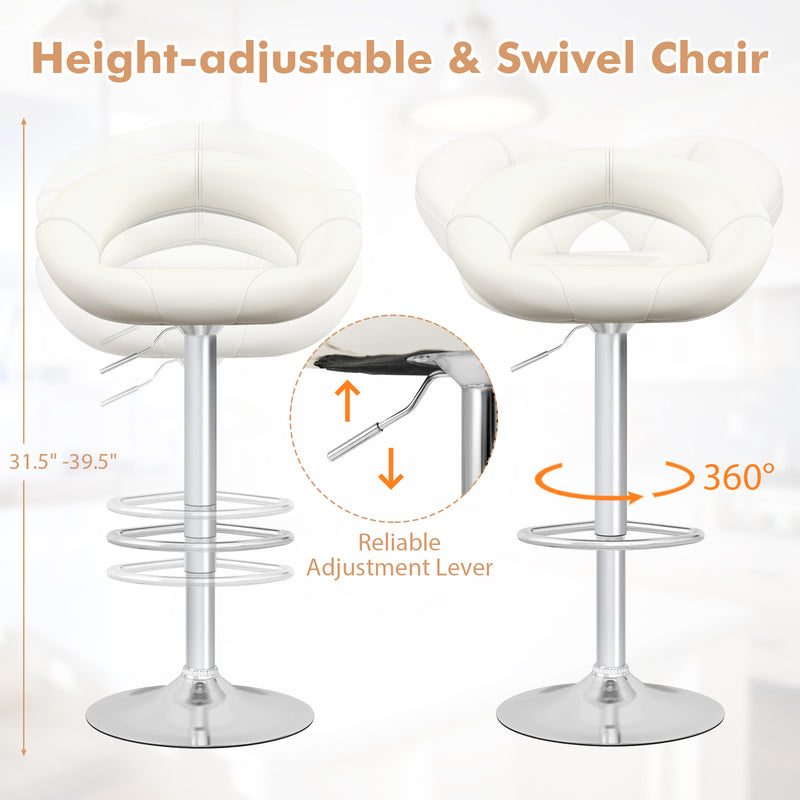 Height Adjustable Bar Stools Set of 2 with Hollow Back and Footrest-White