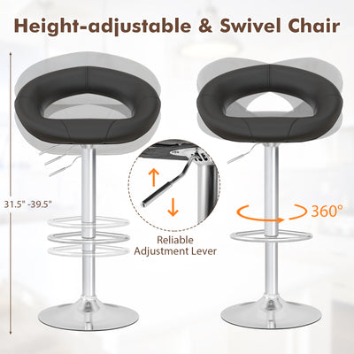 Height Adjustable Bar Stools Set of 2 with Hollow Back and Footrest-Black