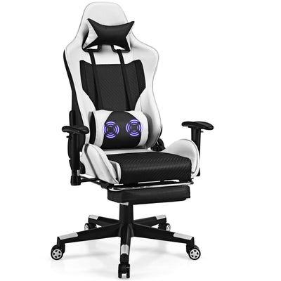 PU Leather Gaming Chair with USB Massage Lumbar Pillow and Footrest-White