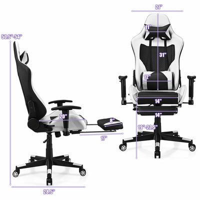 PU Leather Gaming Chair with USB Massage Lumbar Pillow and Footrest-White