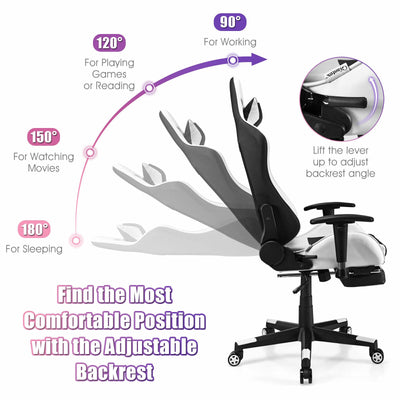 PU Leather Gaming Chair with USB Massage Lumbar Pillow and Footrest-White