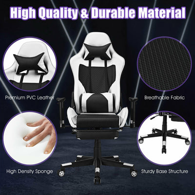 PU Leather Gaming Chair with USB Massage Lumbar Pillow and Footrest-White