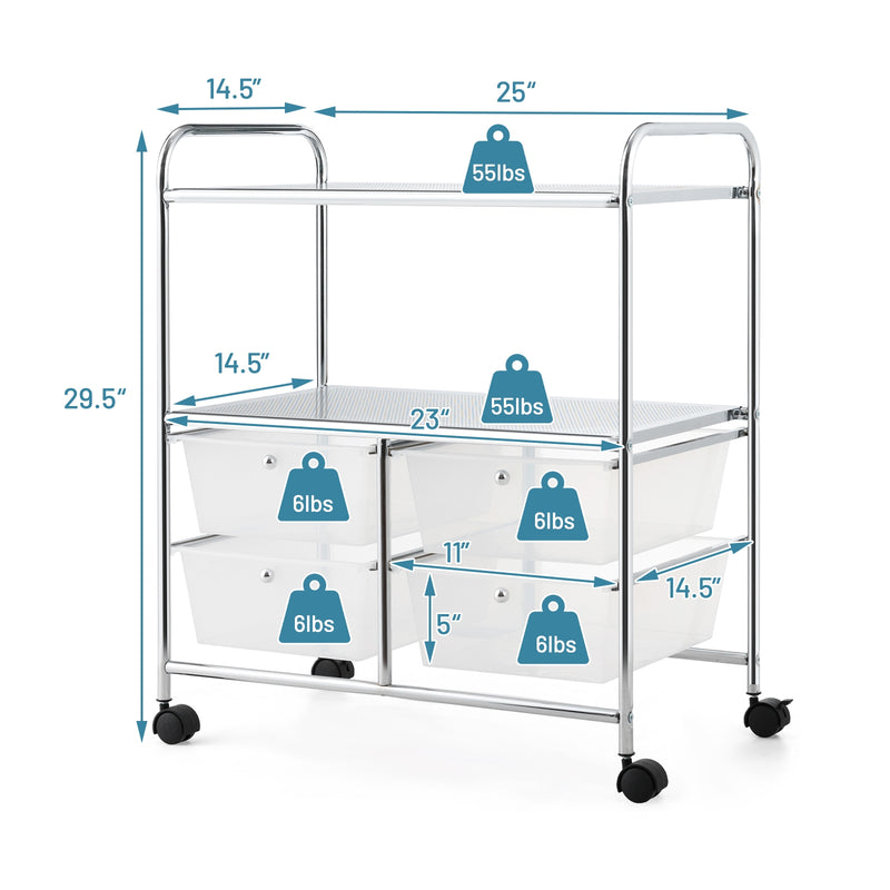 4 Drawers Shelves Rolling Storage Cart Rack-Clear