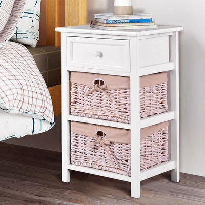 3 Tiers Wooden Storage Nightstand with 2 Baskets and 1 Drawer-white