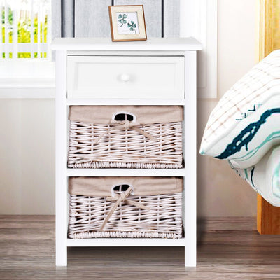 3 Tiers Wooden Storage Nightstand with 2 Baskets and 1 Drawer-white