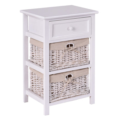 3 Tiers Wooden Storage Nightstand with 2 Baskets and 1 Drawer-white