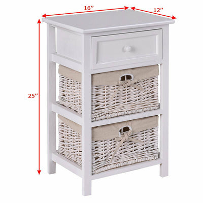 3 Tiers Wooden Storage Nightstand with 2 Baskets and 1 Drawer-white