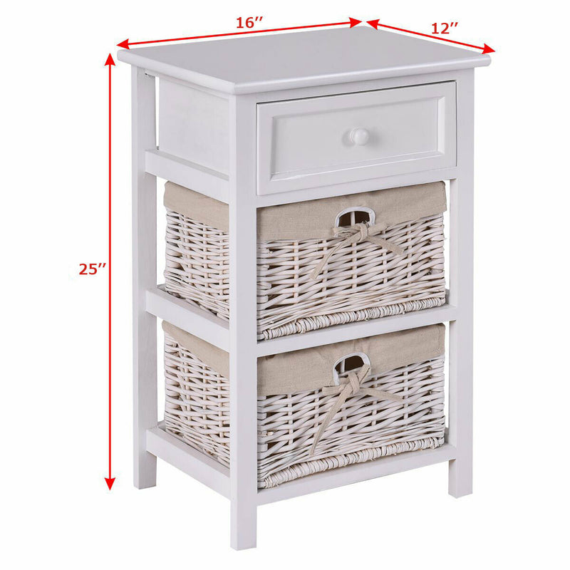 3 Tiers Wooden Storage Nightstand with 2 Baskets and 1 Drawer-white