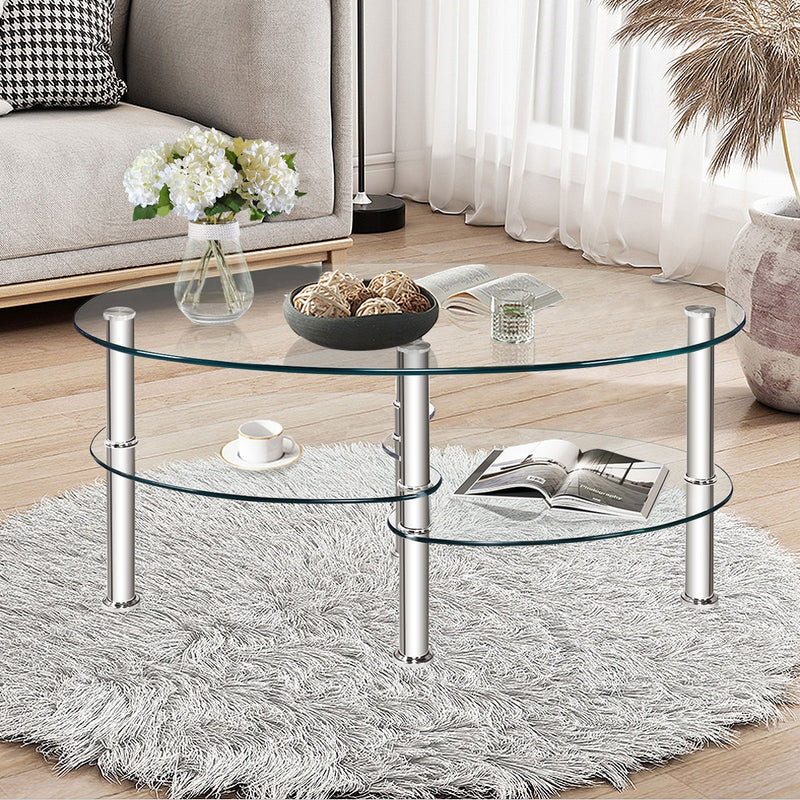 Tempered Glass Oval Side Coffee Table-Transparent