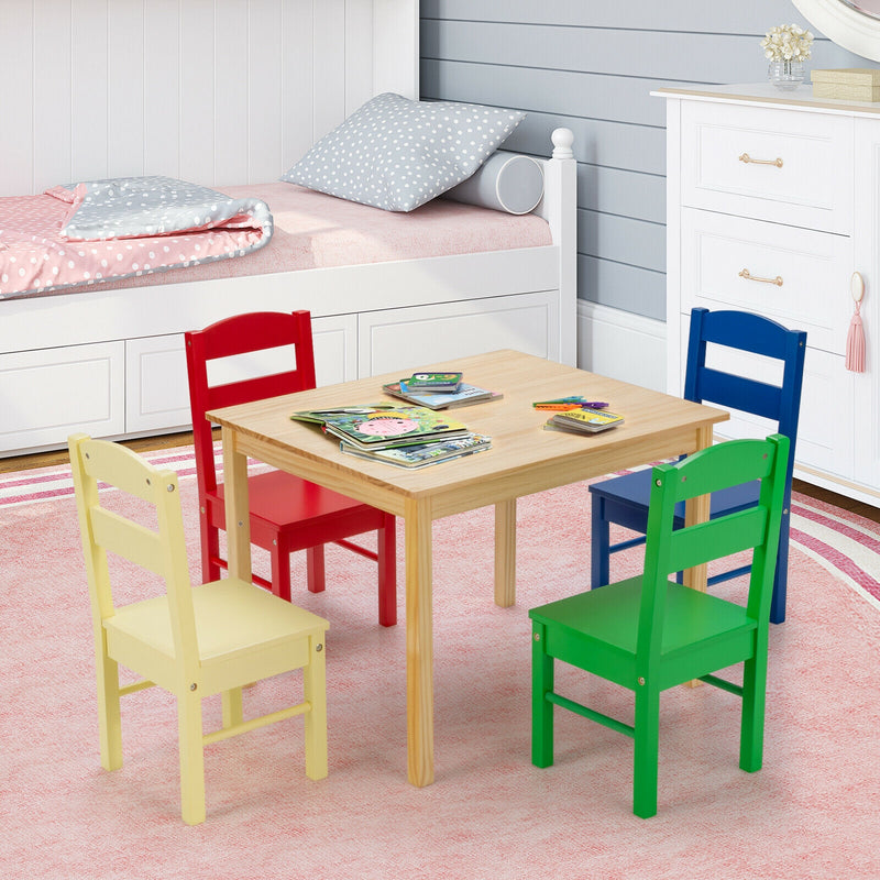 5 Pieces Kids Pine Wood Multicolor Table Chair Set-Multicolor