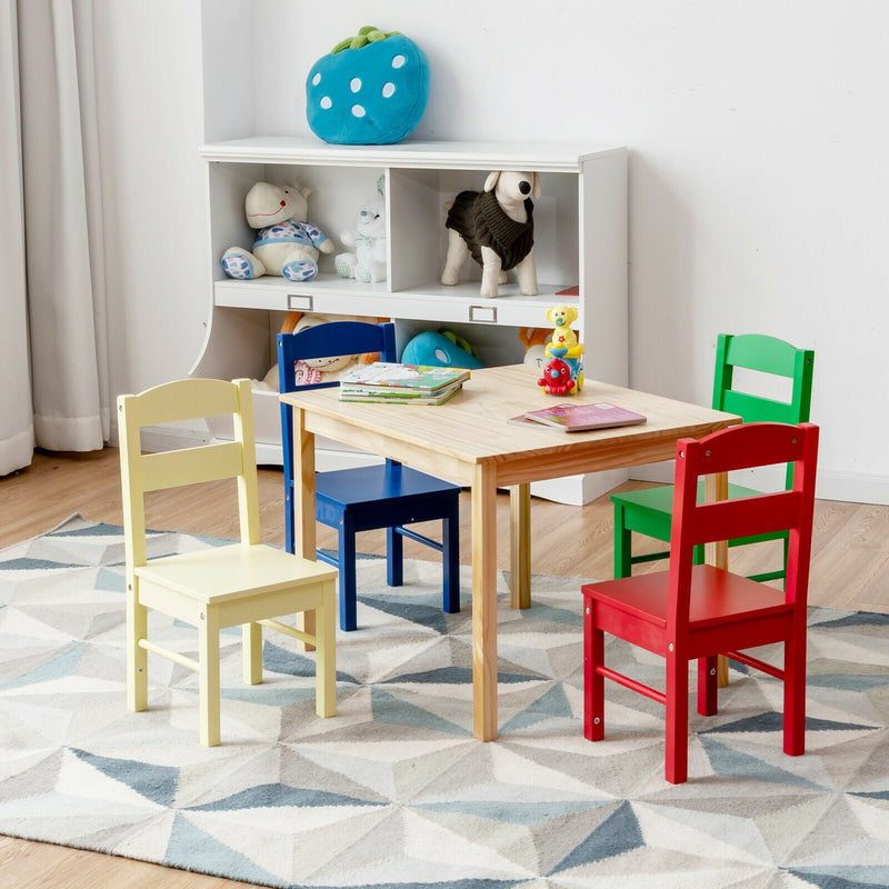 5 Pieces Kids Pine Wood Multicolor Table Chair Set-Multicolor