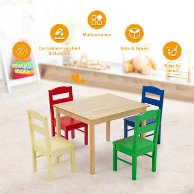 5 Pieces Kids Pine Wood Multicolor Table Chair Set-Multicolor