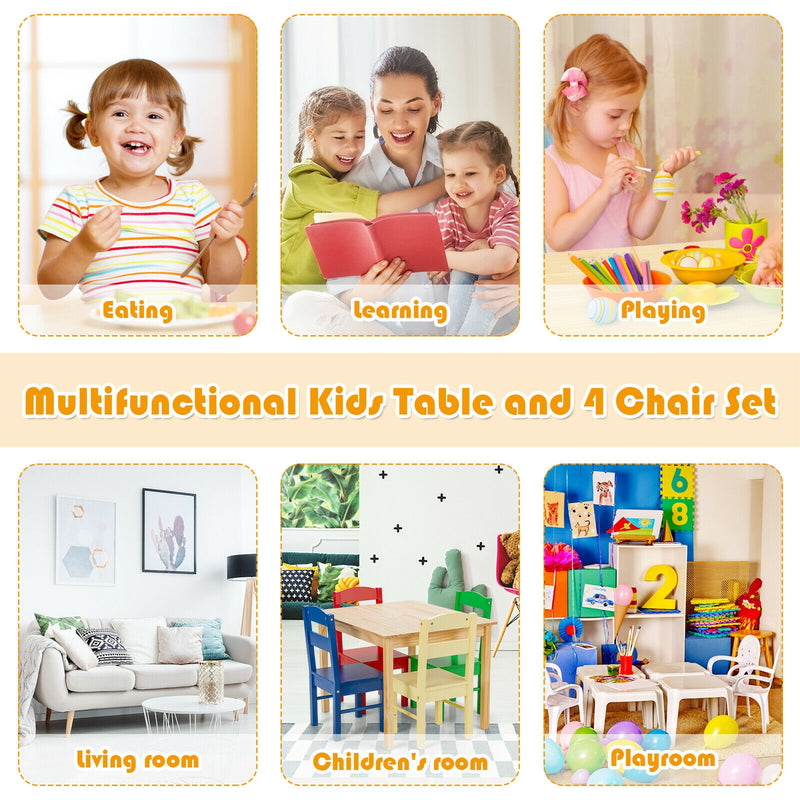 5 Pieces Kids Pine Wood Multicolor Table Chair Set-Multicolor