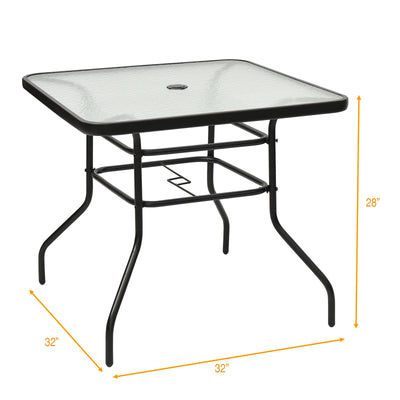 32 Inch Patio Tempered Glass Steel Frame Square Table