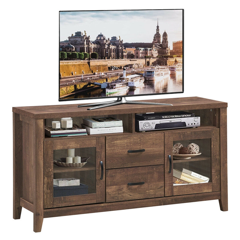 Wooden Retro TV Stand with Drawers and Tempered Glass Doors