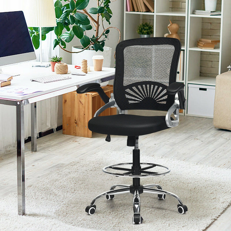 Adjustable Height Flip-Up Mesh Drafting Chair with Lumbar Support