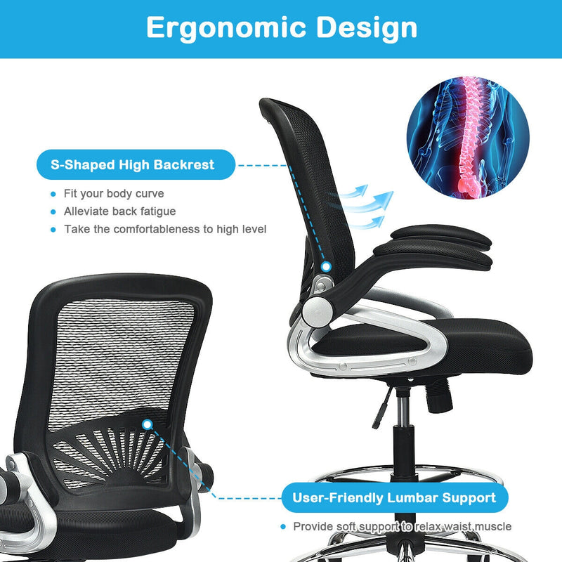 Adjustable Height Flip-Up Mesh Drafting Chair with Lumbar Support