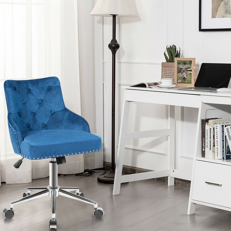 Tufted Upholstered Swivel Computer Desk Chair with Nailed Tri-Blue