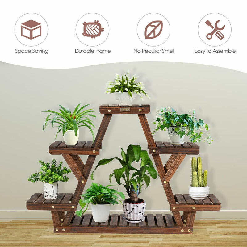 Wood Plant Stand Triangular Shelf 6 Pots Flower Shelf