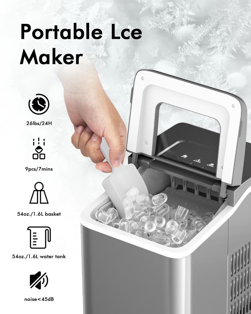 26lbs/24h Portable Countertop Ice Maker Machine with Scoop 9 Ice Cubes Ready in 8 minutes-Silver