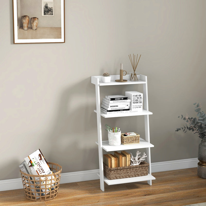 4-Tier Ladder Shelf with Solid Frame and Anti-toppling Device-White