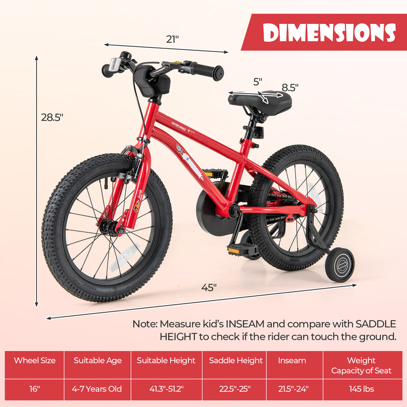 16-Inch Kids Bike Ages 4-7 with Handbrake and Coaster Brake and Bell Ring-16 inches