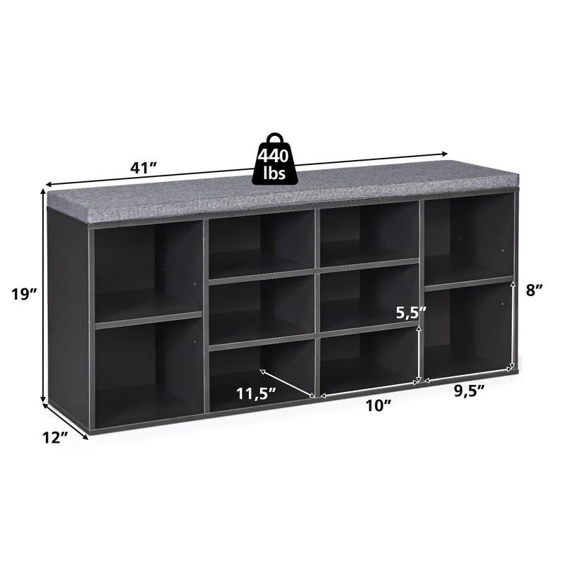 10-Cube Organizer  Entryway Padded Shoe Storage Bench-Gray