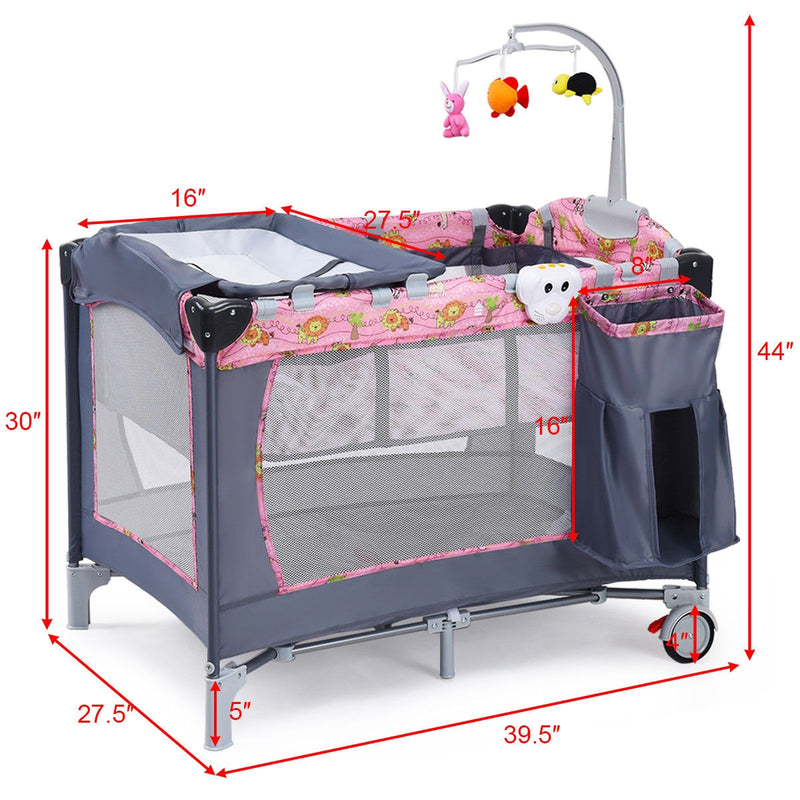 Foldable 2 Color Baby Crib Playpen Playard-Pink