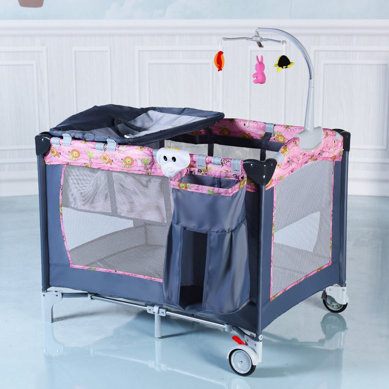 Foldable 2 Color Baby Crib Playpen Playard-Pink