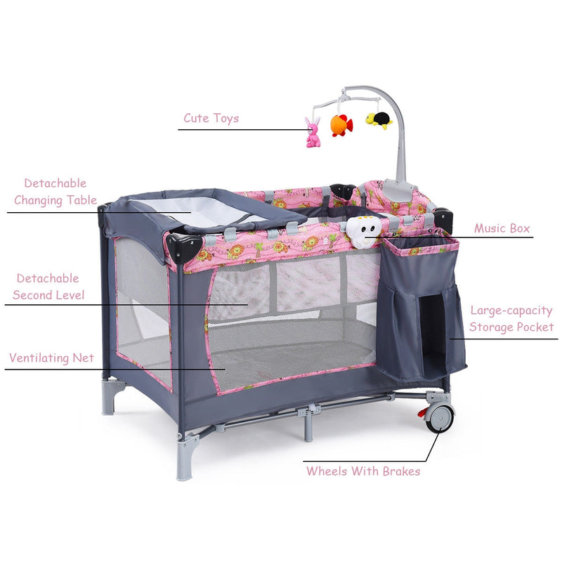 Foldable 2 Color Baby Crib Playpen Playard-Pink