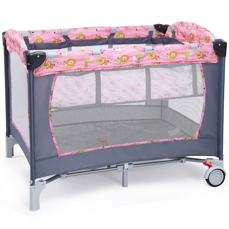 Foldable 2 Color Baby Crib Playpen Playard-Pink