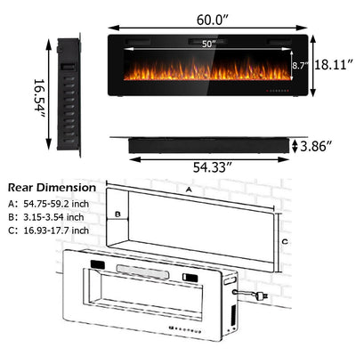 60 Inch Ultra Thin Electric Fireplace with 2 Heat Settings