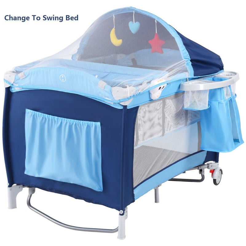 Foldable Baby Crib Playpen w/ Mosquito Net and Bag-Blue