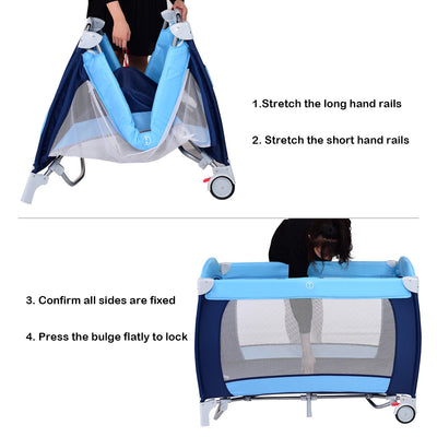 Foldable Baby Crib Playpen w/ Mosquito Net and Bag-Blue